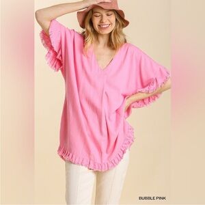 Umgee Vibrant Pink Fringed V-Neck Tunic